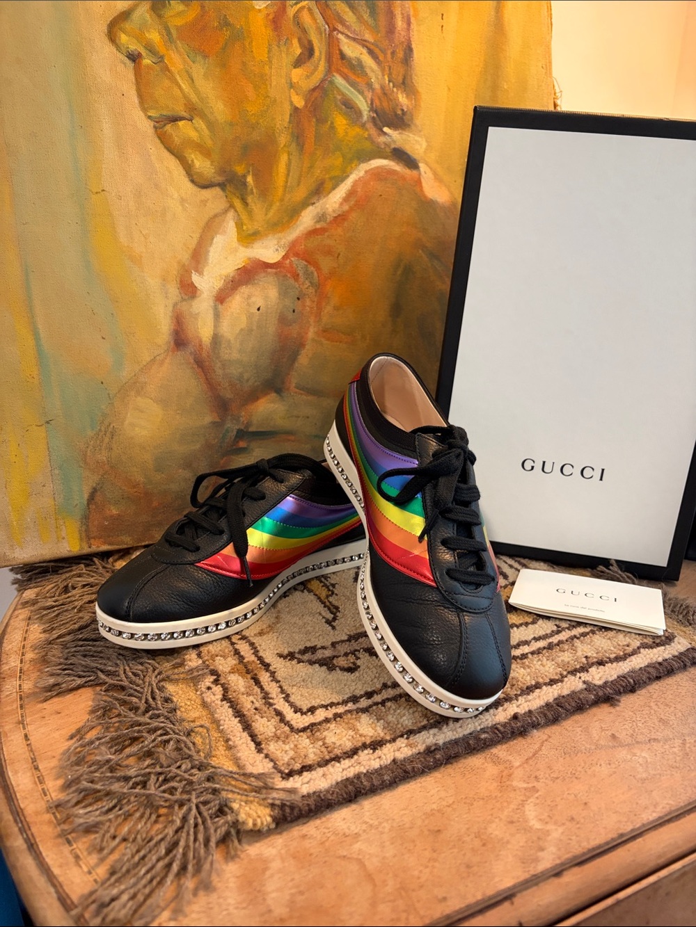 Gucci FALACER Black Leather Sneakers with Rainbow Stripe SZ 36
